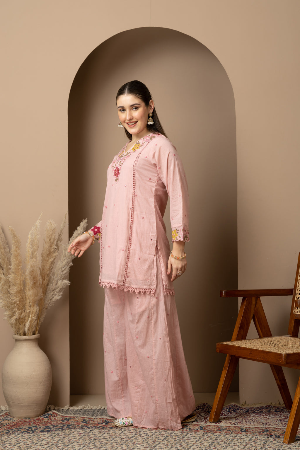 Women's Blush Pink Embroidered Kurta Palazzo Set with Dupatta