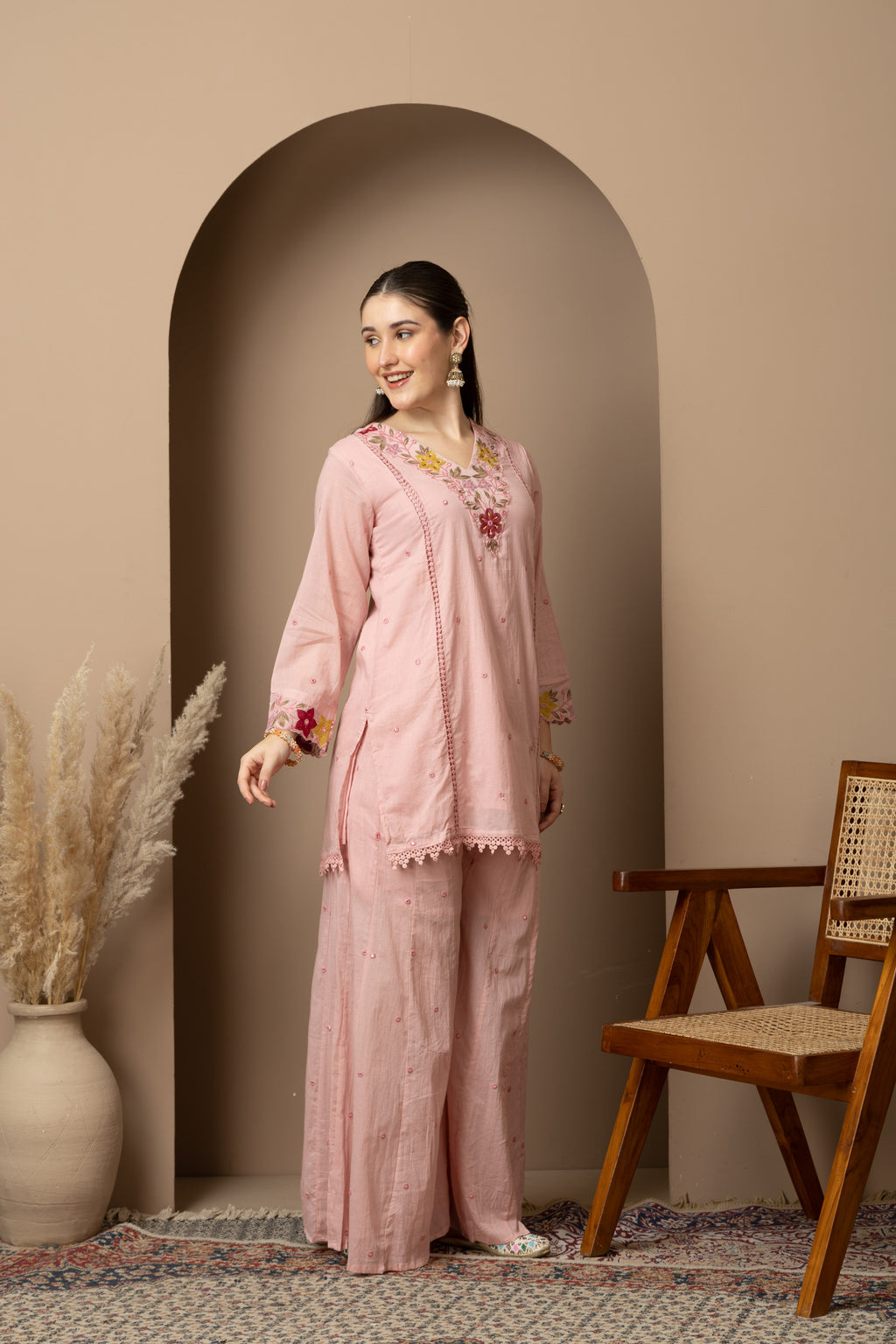 Women's Blush Pink Embroidered Kurta Palazzo Set with Dupatta
