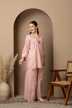 Women's Blush Pink Embroidered Kurta Palazzo Set with Dupatta