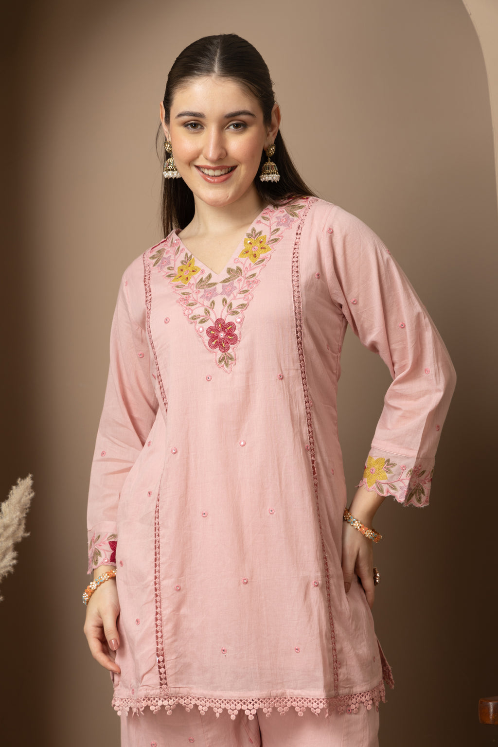 Women's Blush Pink Embroidered Kurta Palazzo Set with Dupatta