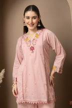Women's Blush Pink Embroidered Kurta Palazzo Set with Dupatta