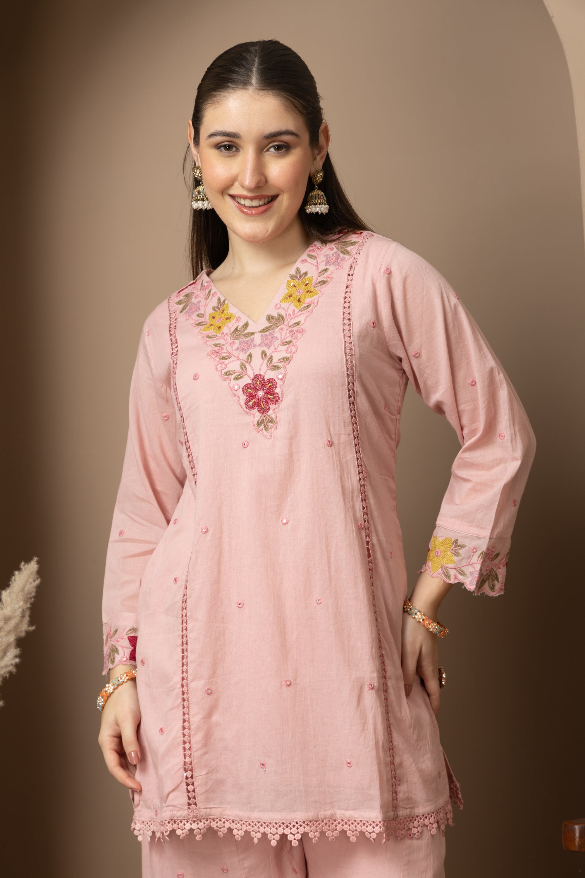 Women's Blush Pink Embroidered Kurta Palazzo Set with Dupatta