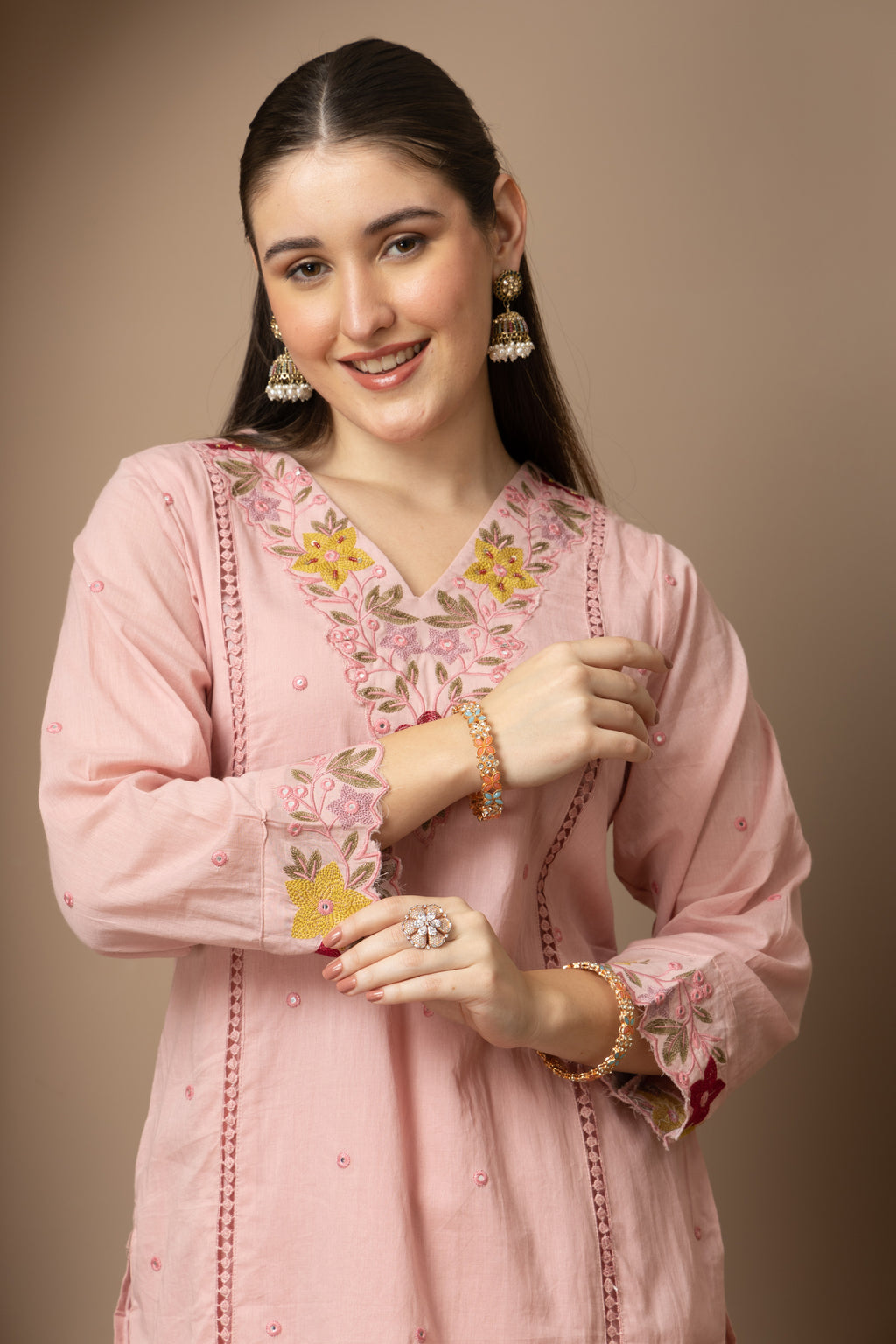 Women's Blush Pink Embroidered Kurta Palazzo Set with Dupatta