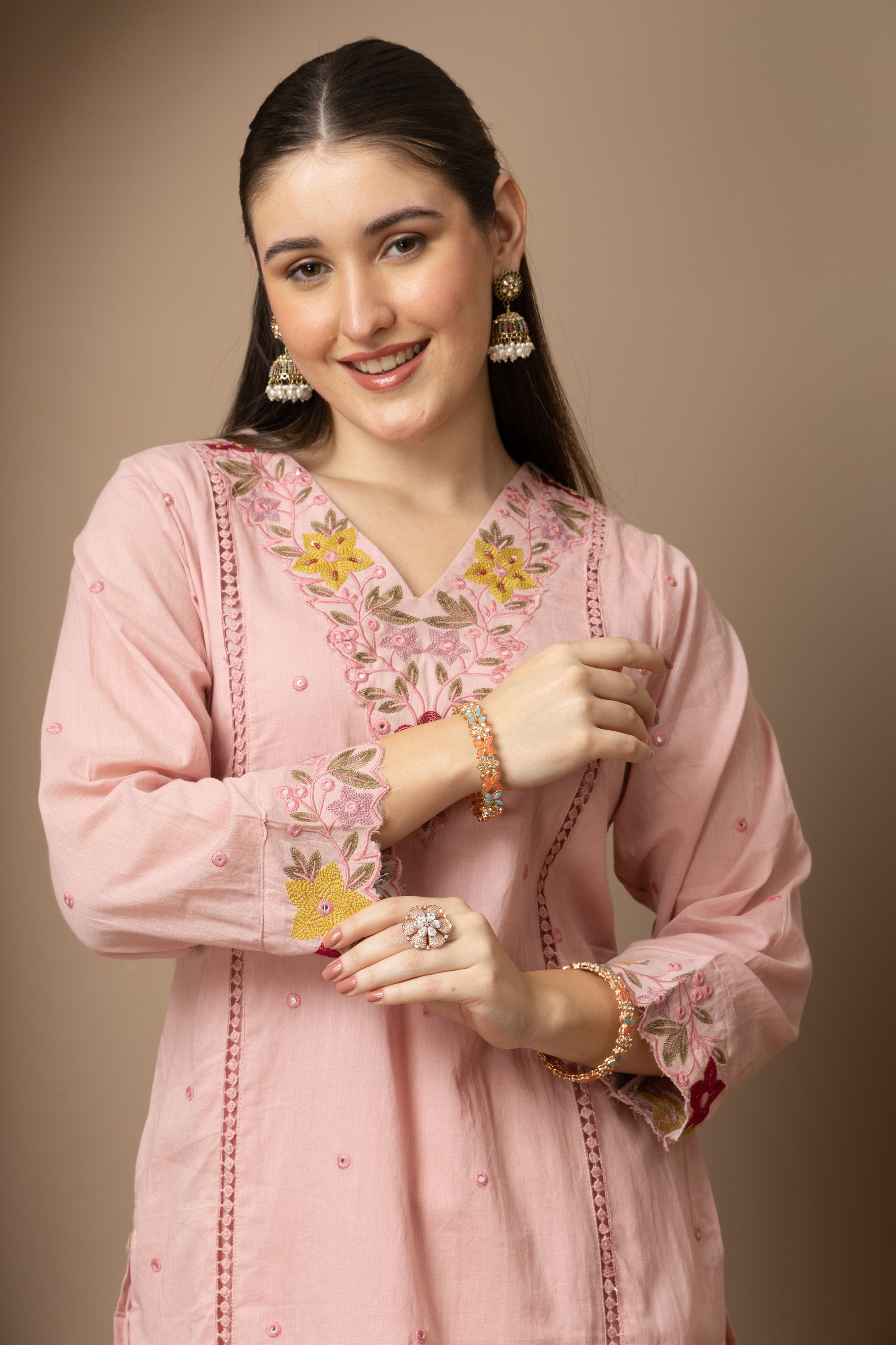 Women's Blush Pink Embroidered Kurta Palazzo Set with Dupatta