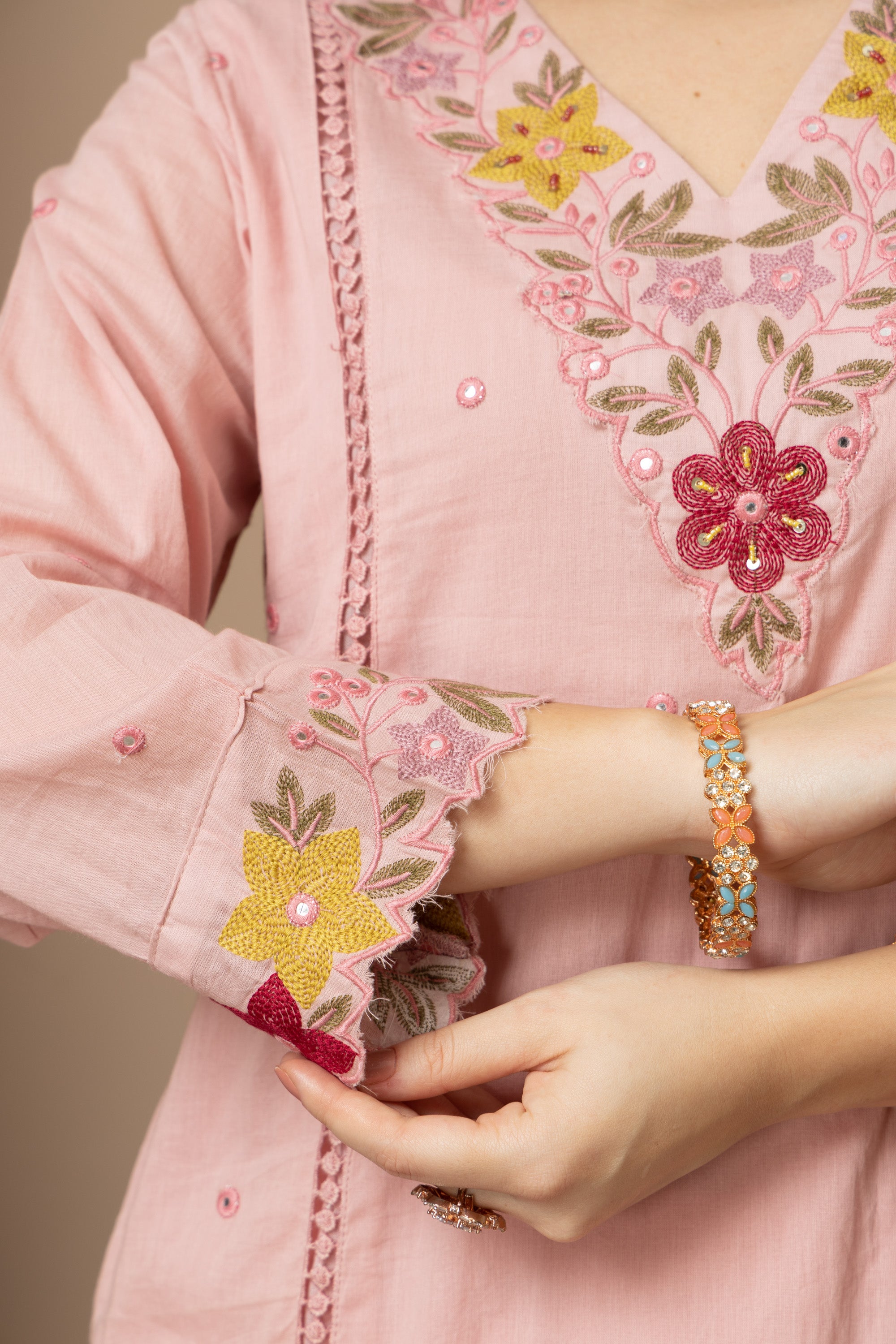 Women's Blush Pink Embroidered Kurta Palazzo Set with Dupatta