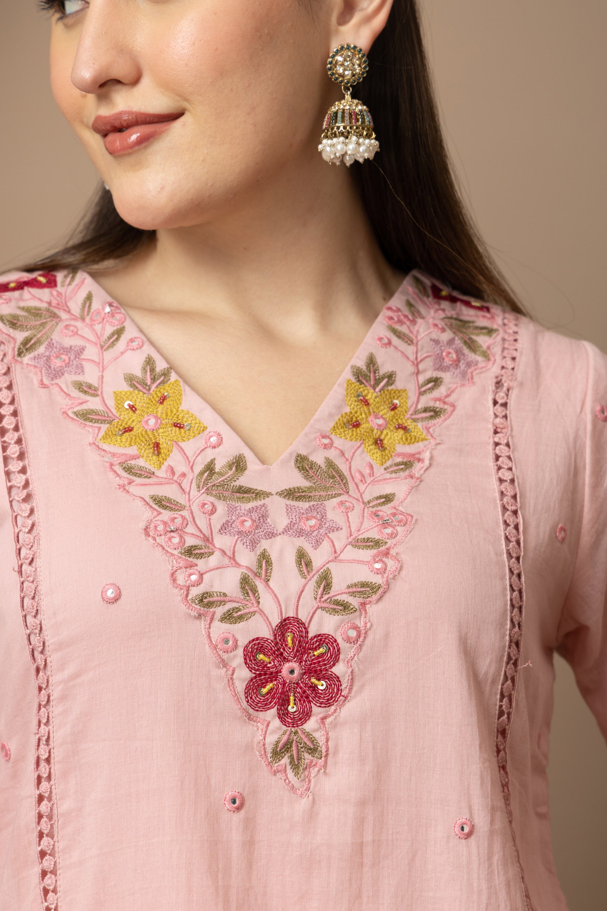 Women's Blush Pink Embroidered Kurta Palazzo Set with Dupatta