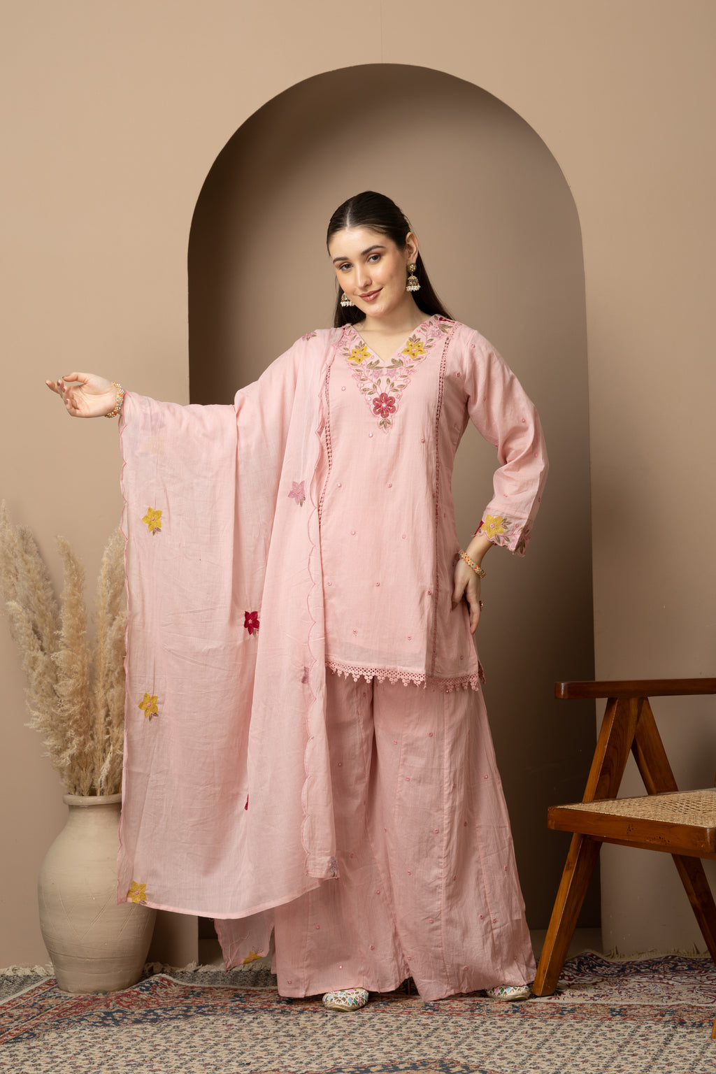 Women's Blush Pink Embroidered Kurta Palazzo Set with Dupatta