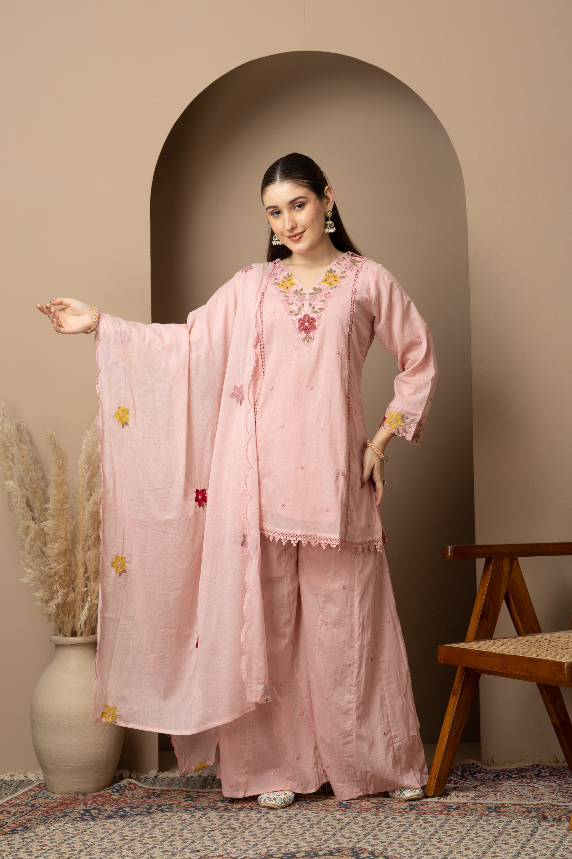 Women's Blush Pink Embroidered Kurta Palazzo Set with Dupatta