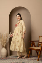 Women's Beige Floral Embroidered Kurta Pant Set with Organza Dupatta