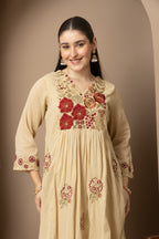 Women's Beige Floral Embroidered Kurta Pant Set with Organza Dupatta