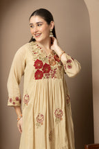 Women's Beige Floral Embroidered Kurta Pant Set with Organza Dupatta