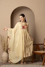 Women's Beige Floral Embroidered Kurta Pant Set with Organza Dupatta