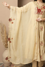 Women's Beige Floral Embroidered Kurta Pant Set with Organza Dupatta