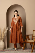 Women's Rust Brown Embroidered Anarkali Suit Set with Dupatta