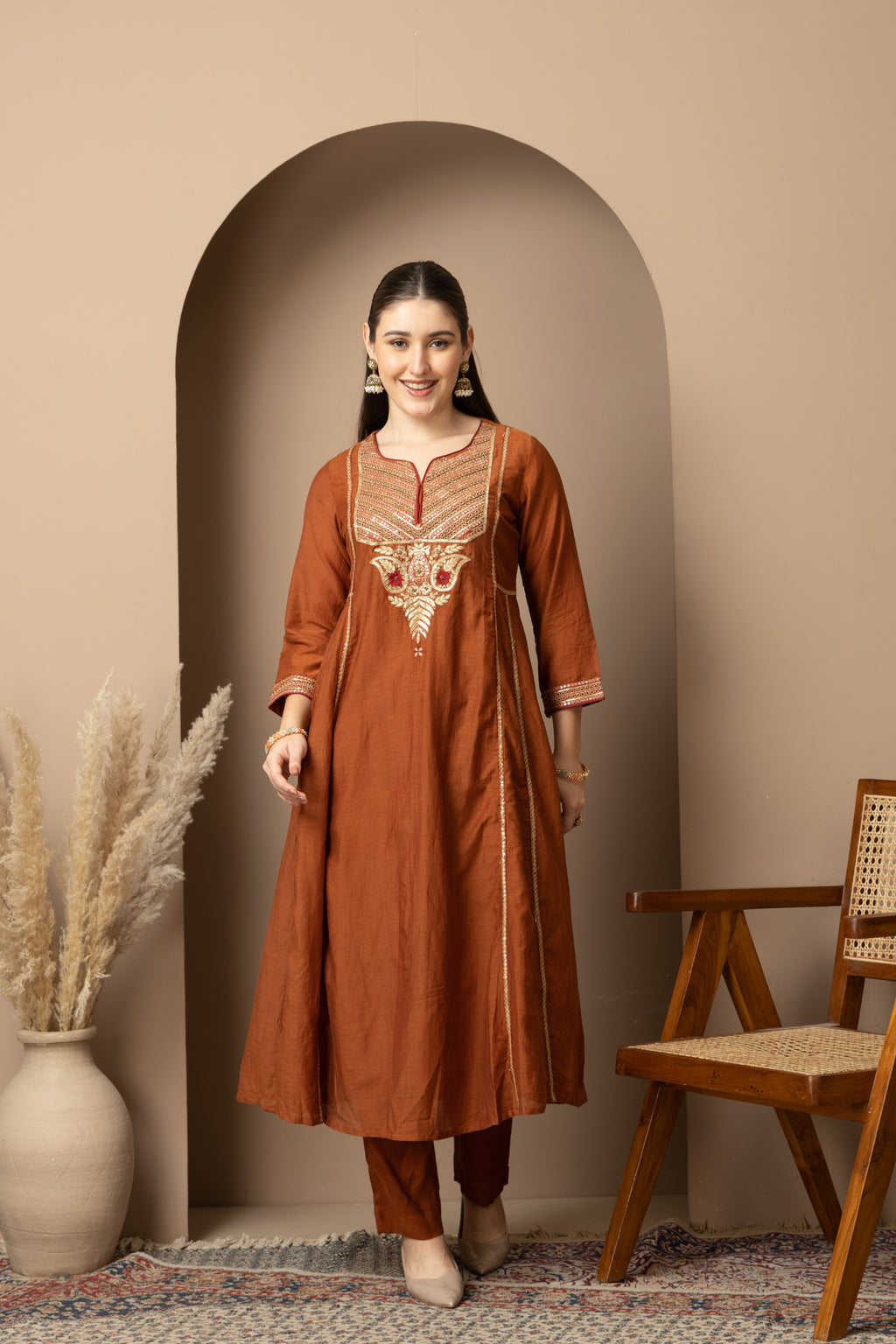 Women's Rust Brown Embroidered Anarkali Suit Set with Dupatta