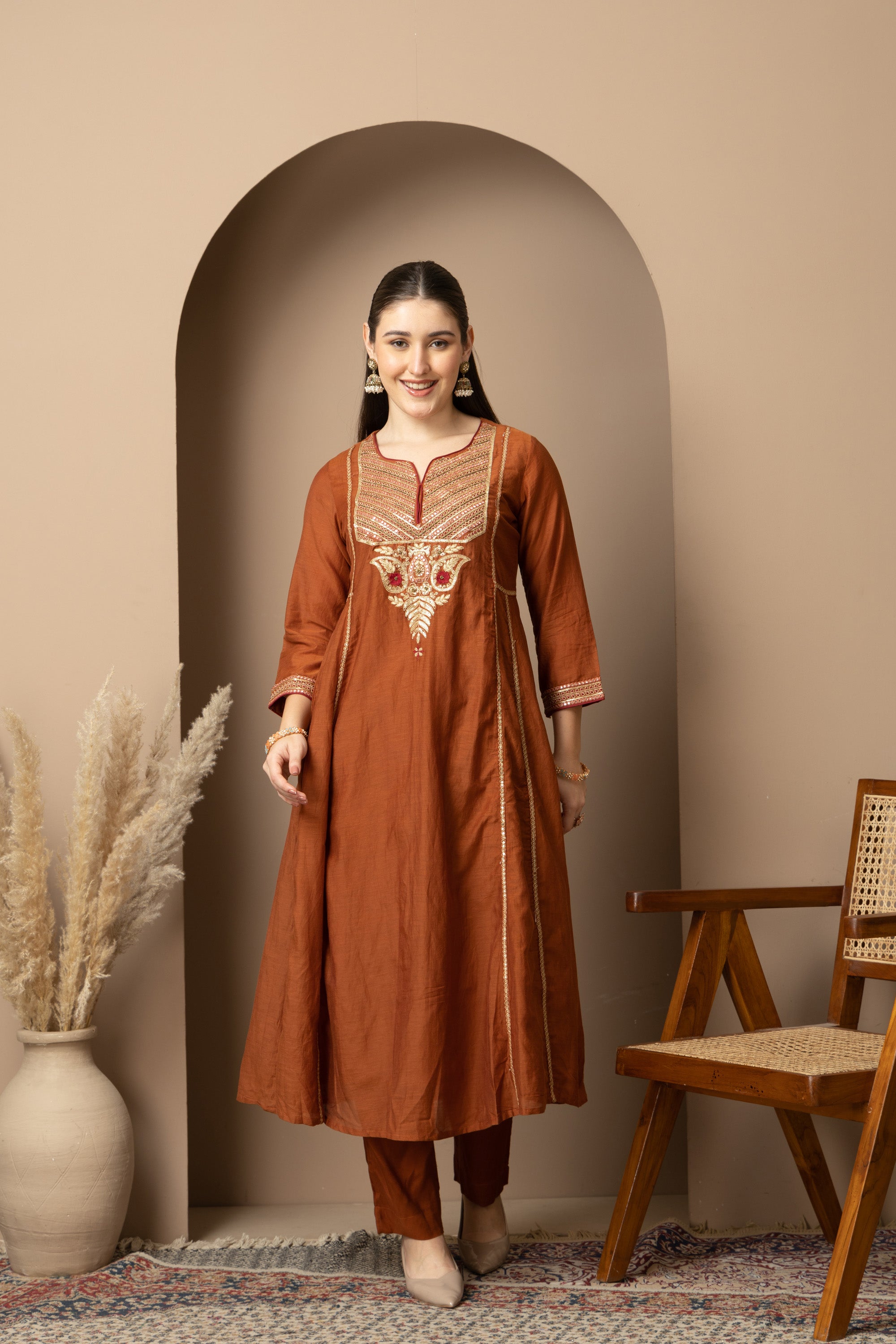 Women's Rust Brown Embroidered Anarkali Suit Set with Dupatta