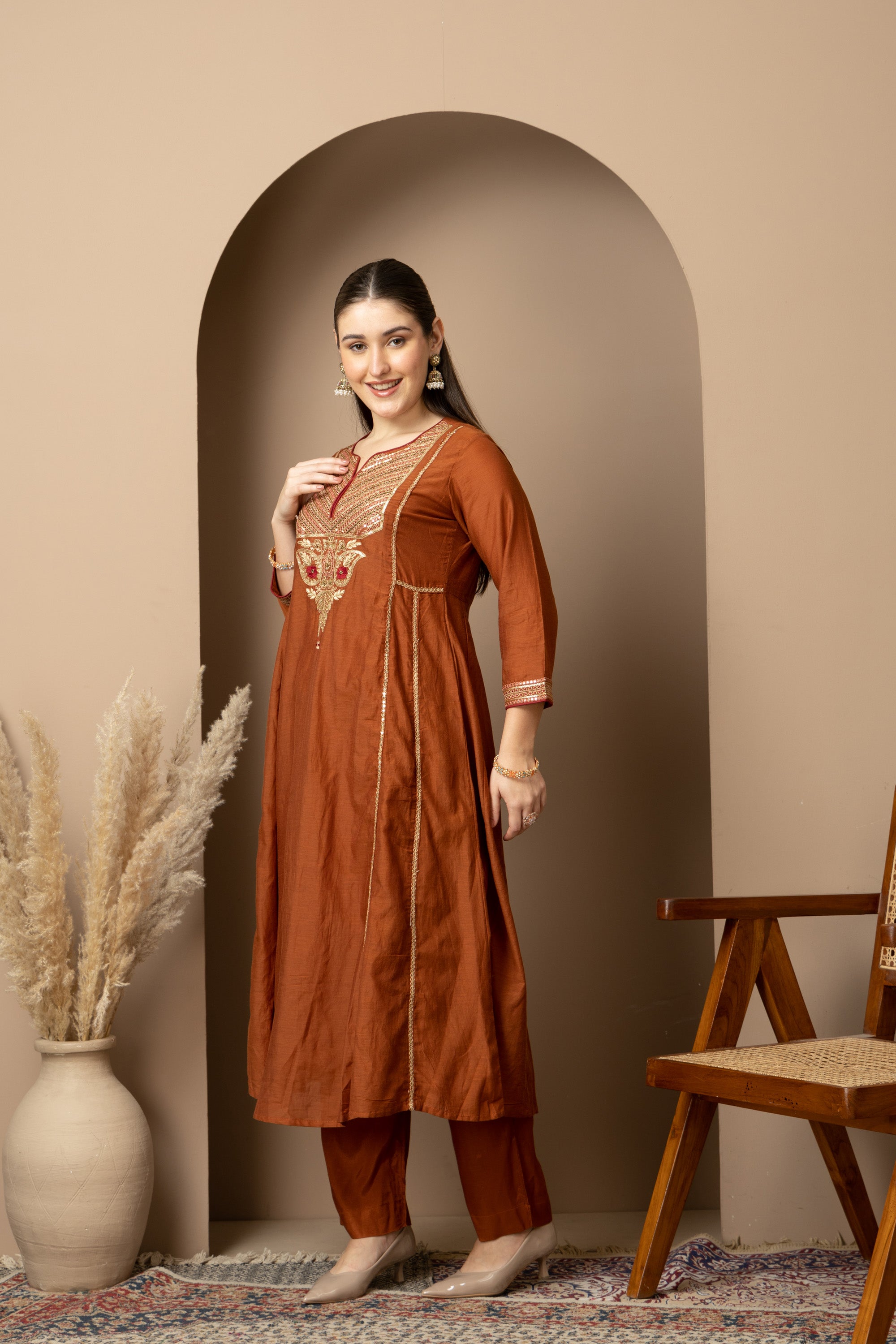 Women's Rust Brown Embroidered Anarkali Suit Set with Dupatta