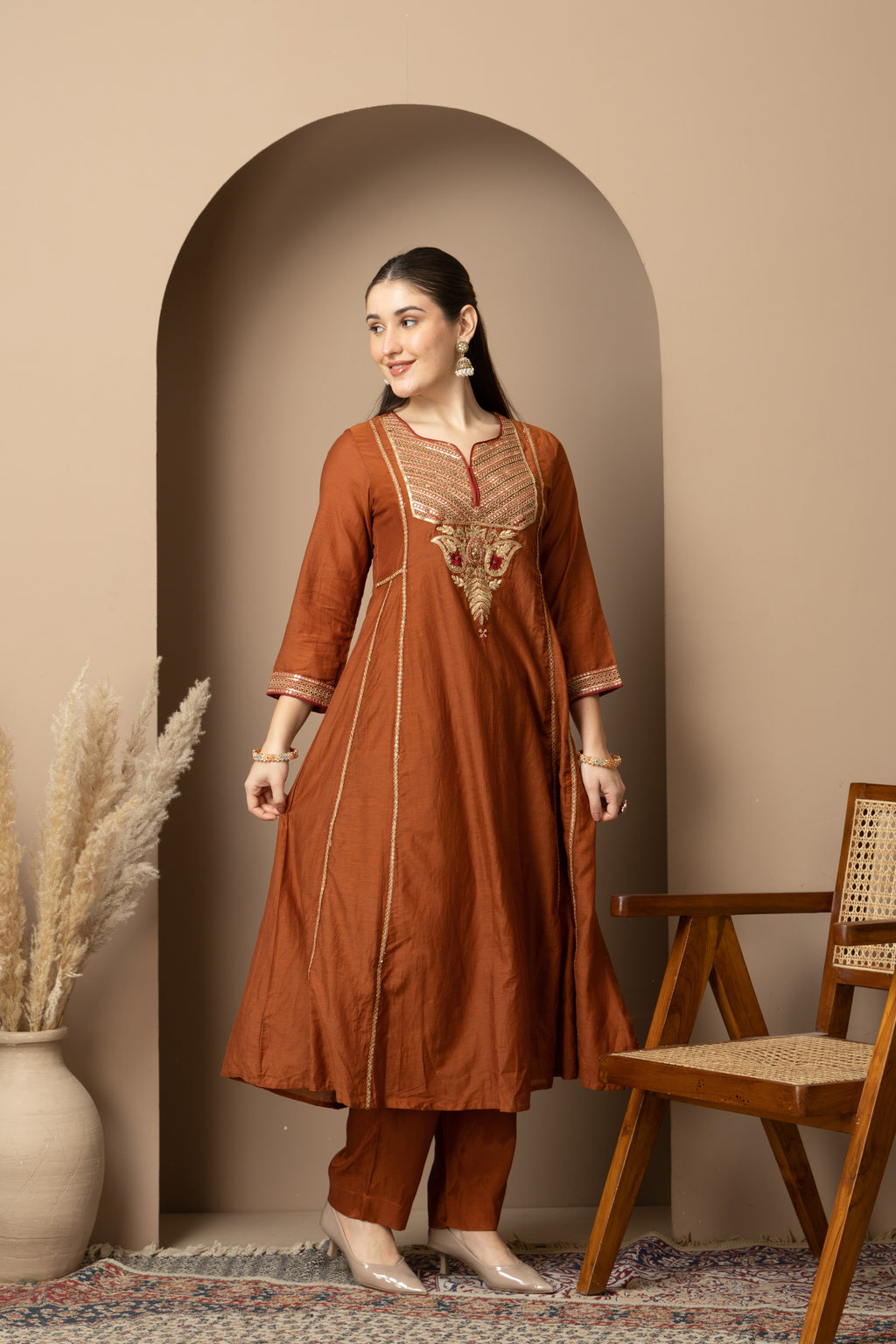 Women's Rust Brown Embroidered Anarkali Suit Set with Dupatta