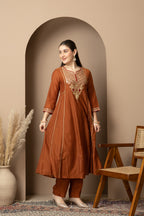 Women's Rust Brown Embroidered Anarkali Suit Set with Dupatta