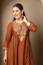 Women's Rust Brown Embroidered Anarkali Suit Set with Dupatta