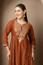 Women's Rust Brown Embroidered Anarkali Suit Set with Dupatta