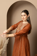 Women's Rust Brown Embroidered Anarkali Suit Set with Dupatta