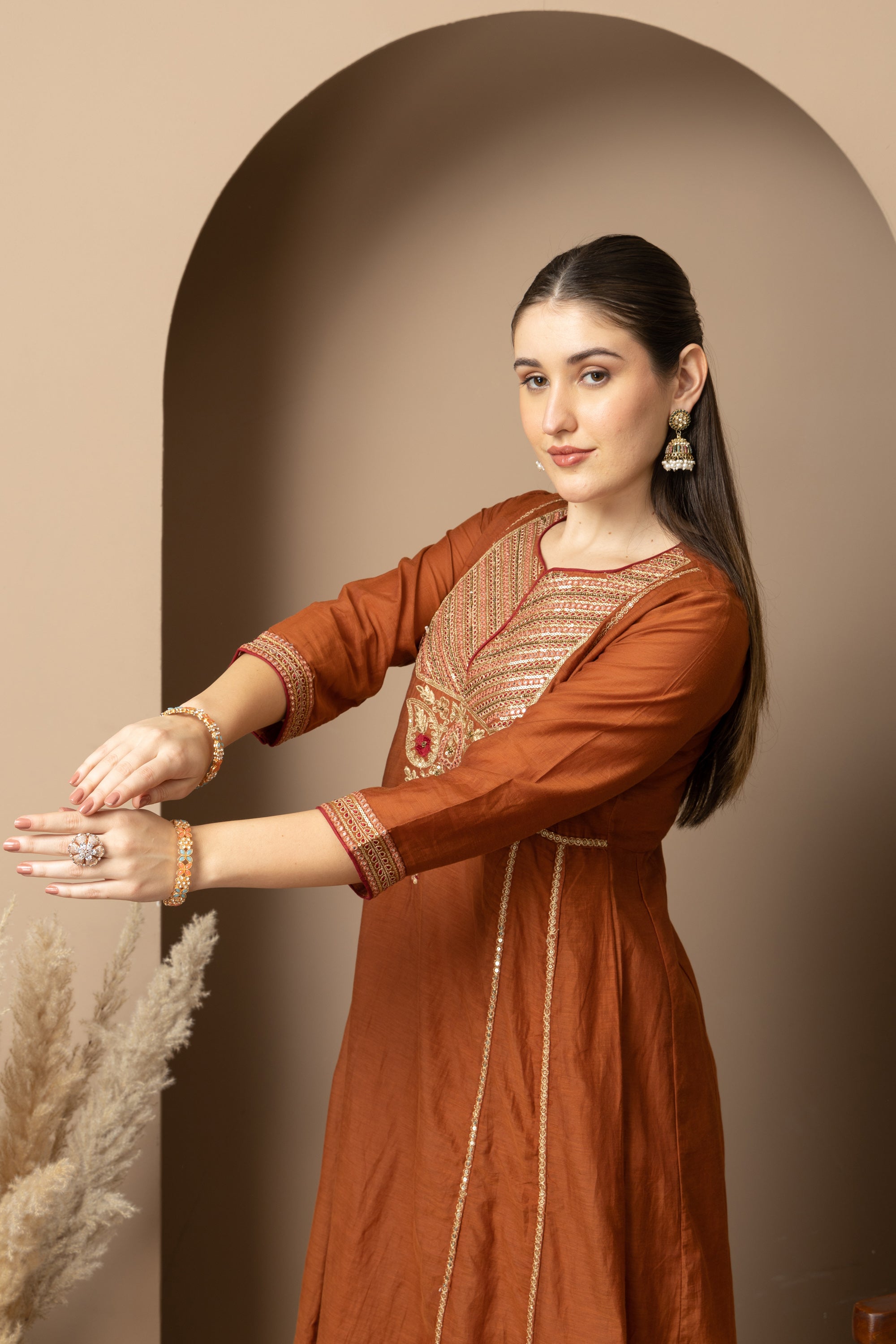 Women's Rust Brown Embroidered Anarkali Suit Set with Dupatta