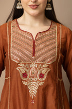 Women's Rust Brown Embroidered Anarkali Suit Set with Dupatta