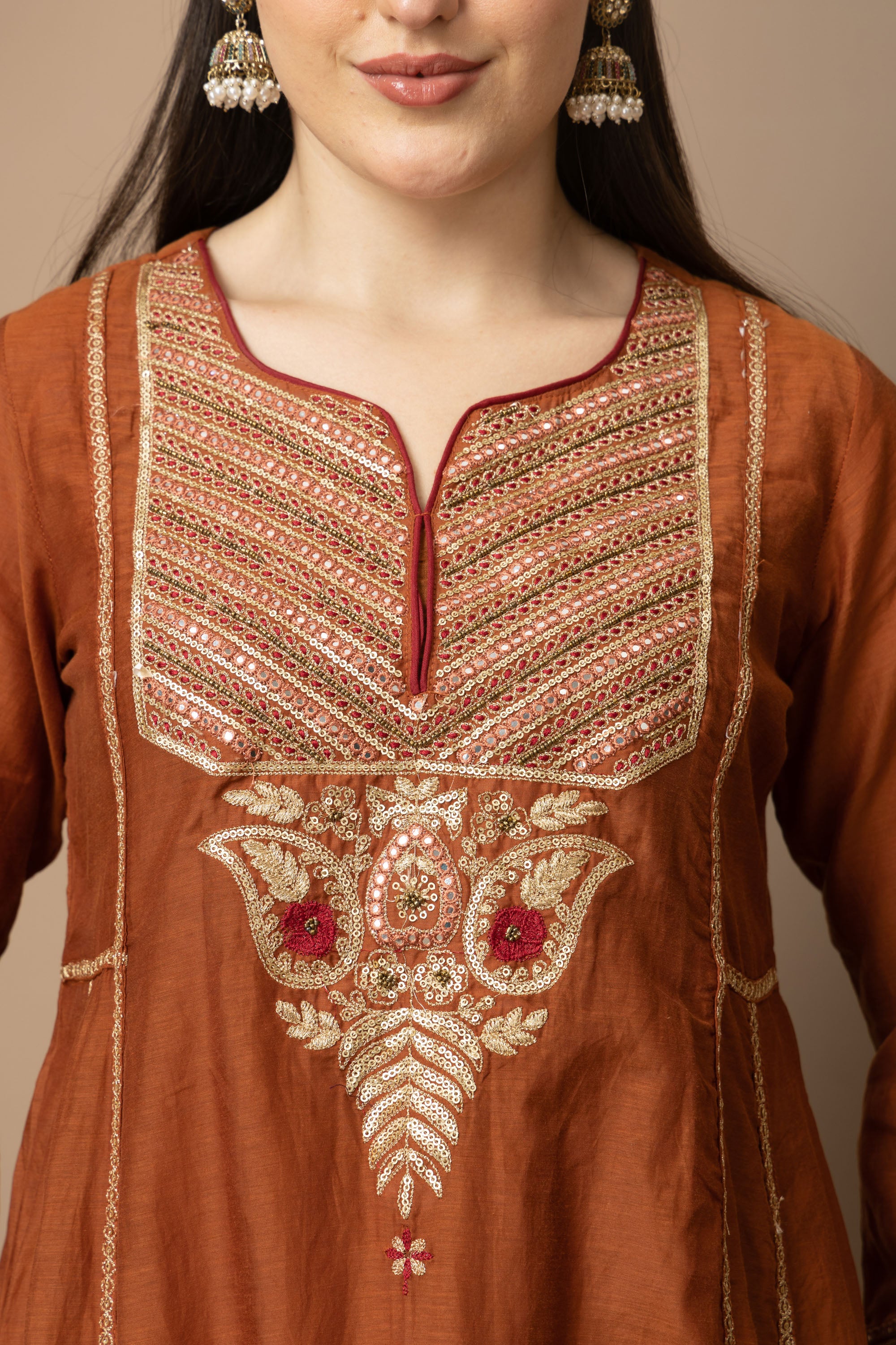 Women's Rust Brown Embroidered Anarkali Suit Set with Dupatta