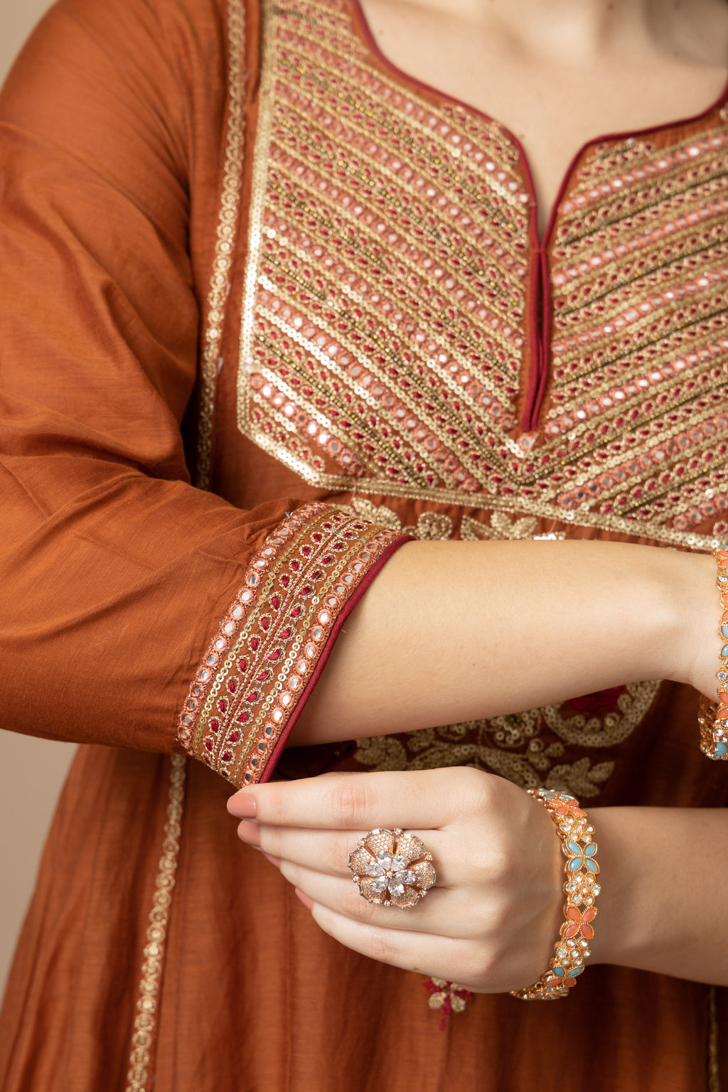 Women's Rust Brown Embroidered Anarkali Suit Set with Dupatta