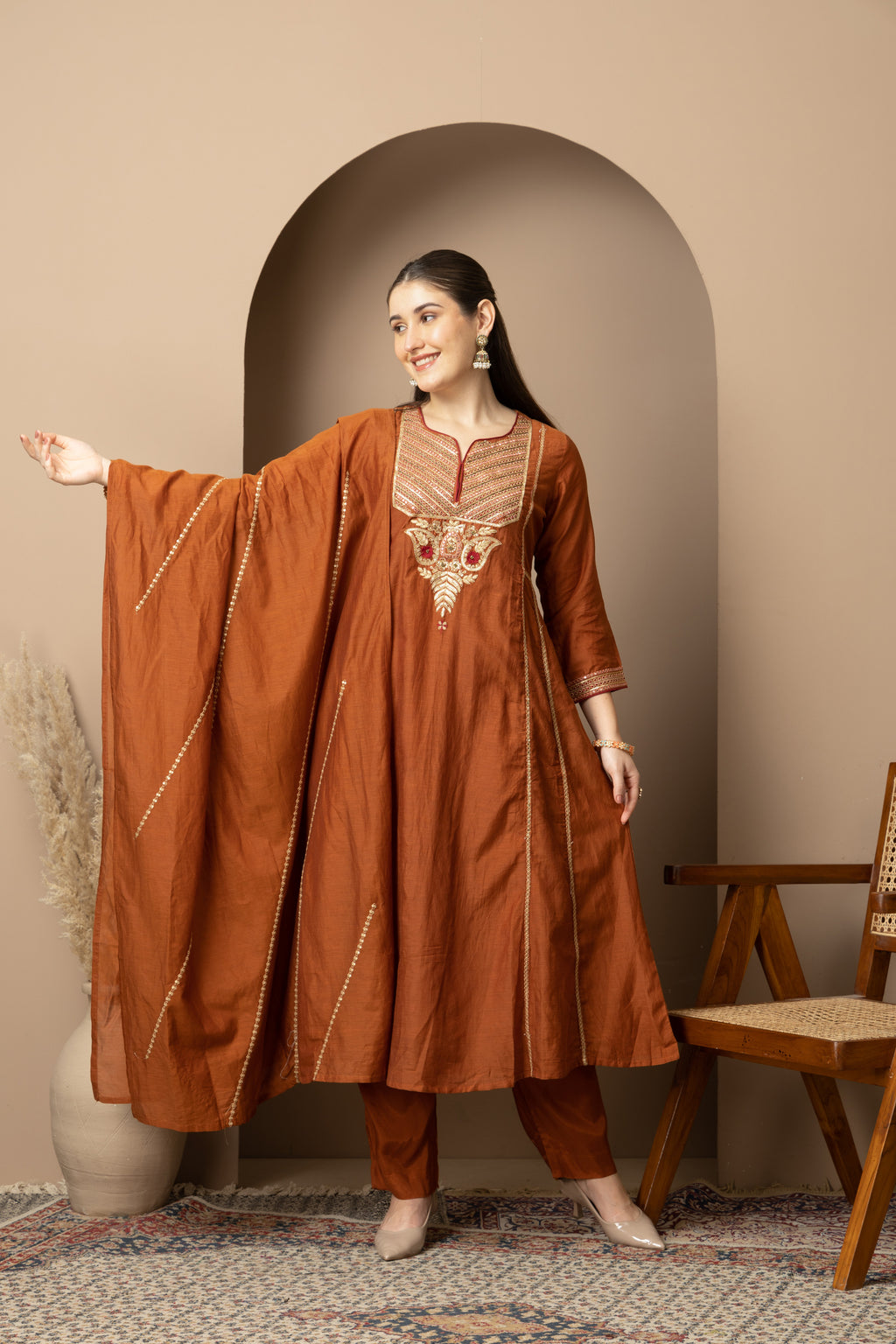 Women's Rust Brown Embroidered Anarkali Suit Set with Dupatta