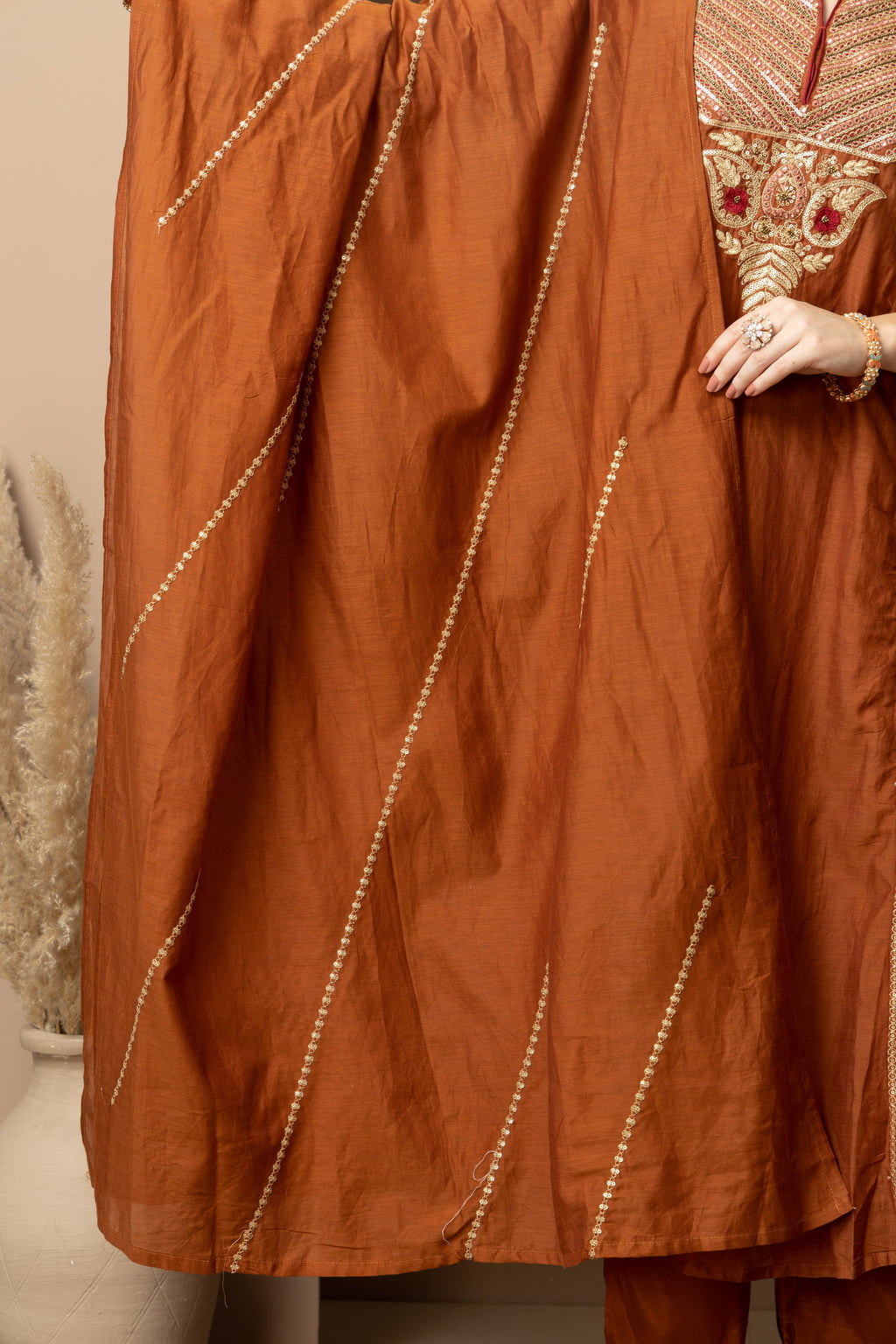 Women's Rust Brown Embroidered Anarkali Suit Set with Dupatta