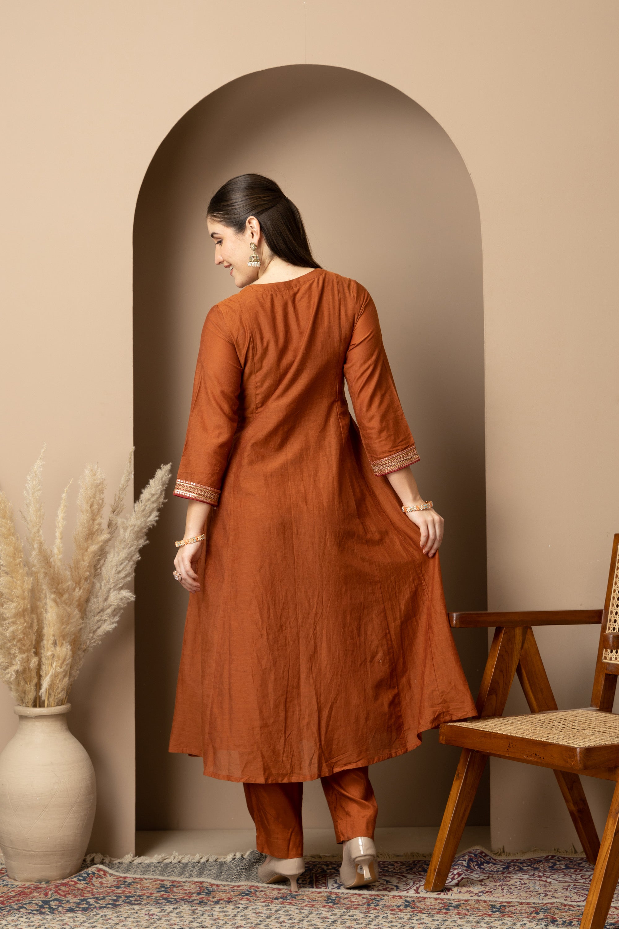 Women's Rust Brown Embroidered Anarkali Suit Set with Dupatta