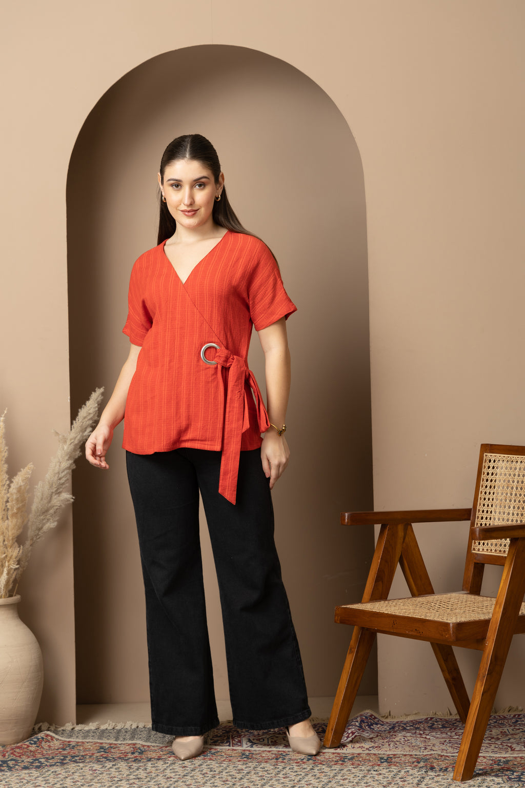 Women's Rust Orange Wrap Top with Ring Tie-Up Detail