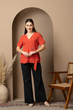 Women's Rust Orange Wrap Top with Ring Tie-Up Detail