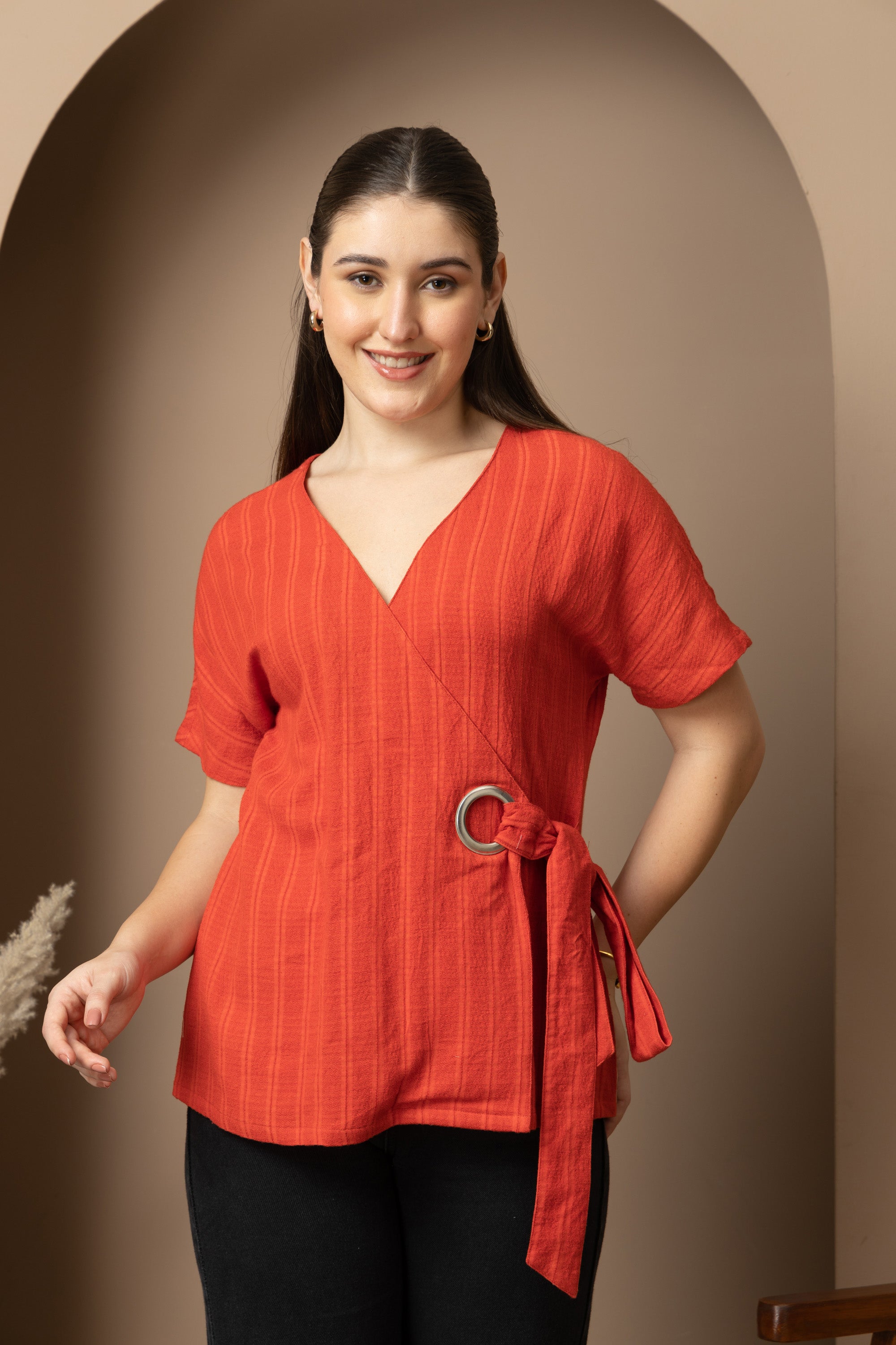 Women's Rust Orange Wrap Top with Ring Tie-Up Detail