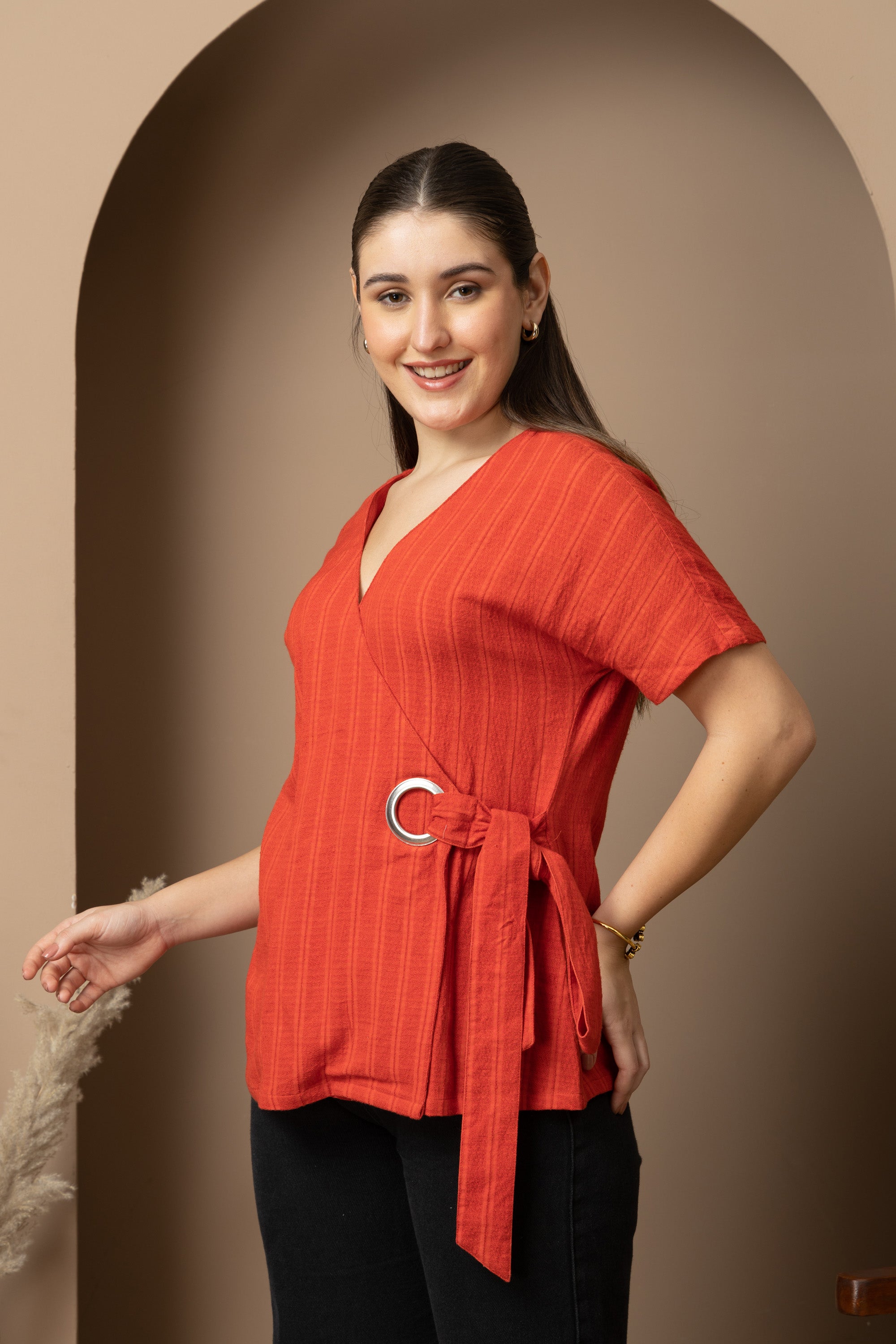 Women's Rust Orange Wrap Top with Ring Tie-Up Detail