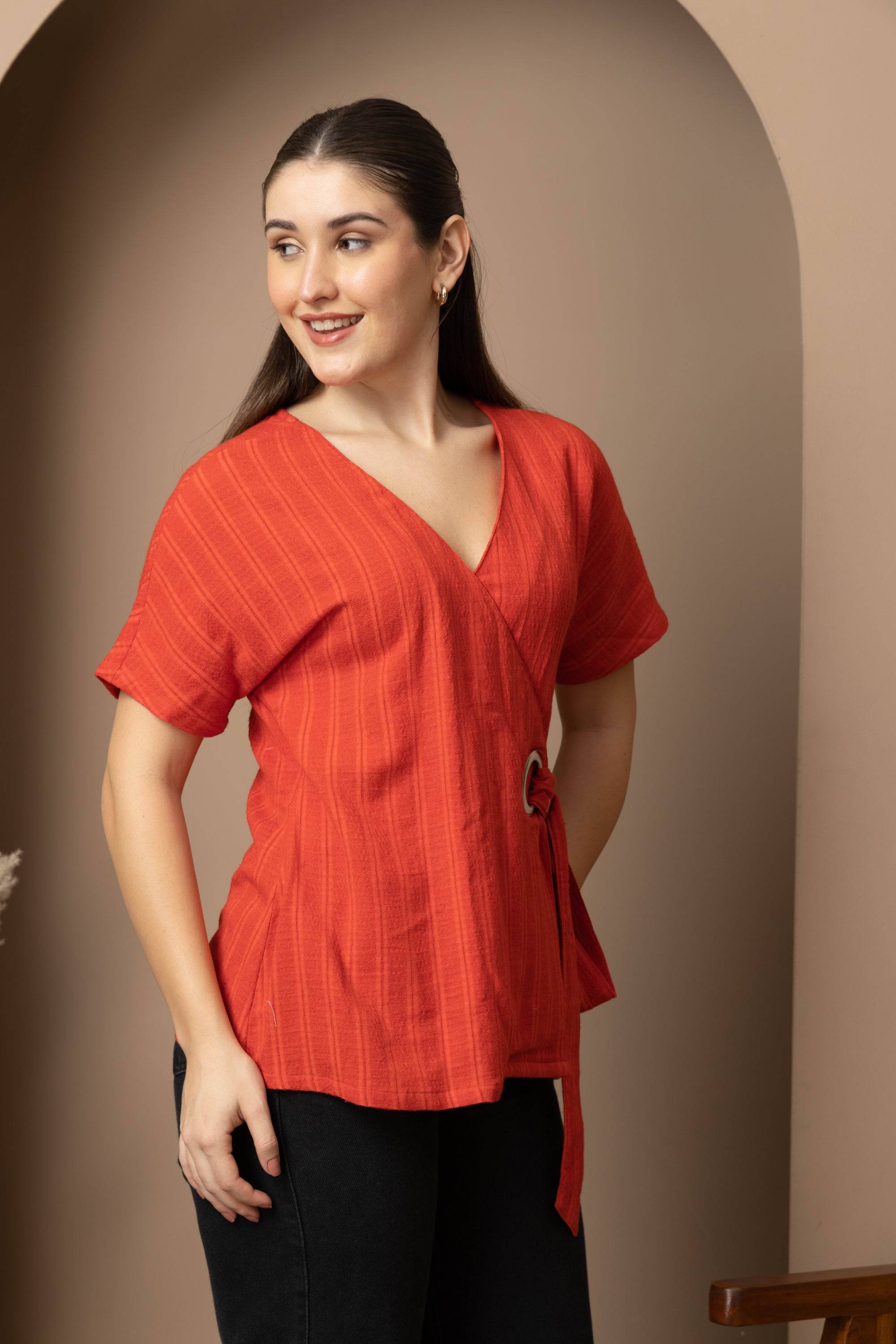 Women's Rust Orange Wrap Top with Ring Tie-Up Detail