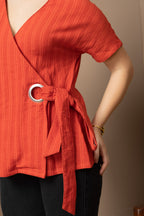 Women's Rust Orange Wrap Top with Ring Tie-Up Detail