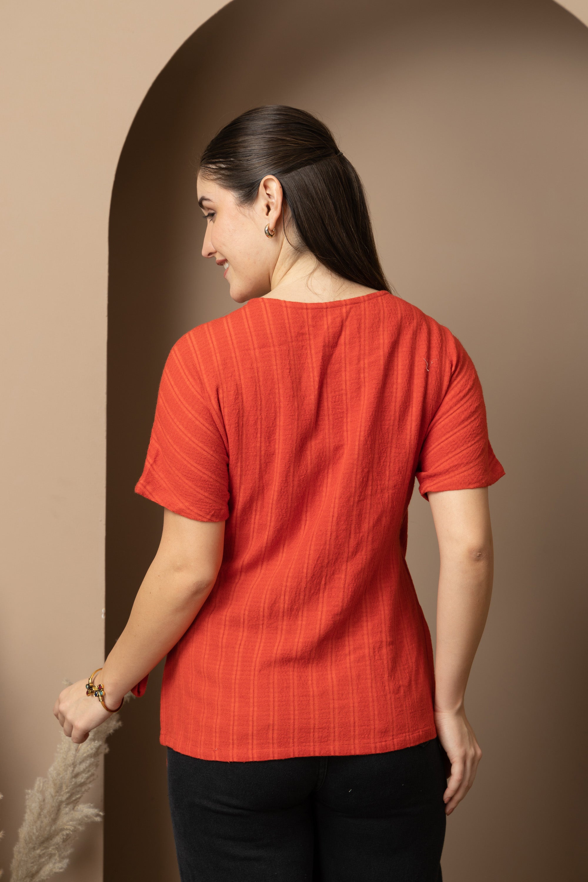 Women's Rust Orange Wrap Top with Ring Tie-Up Detail