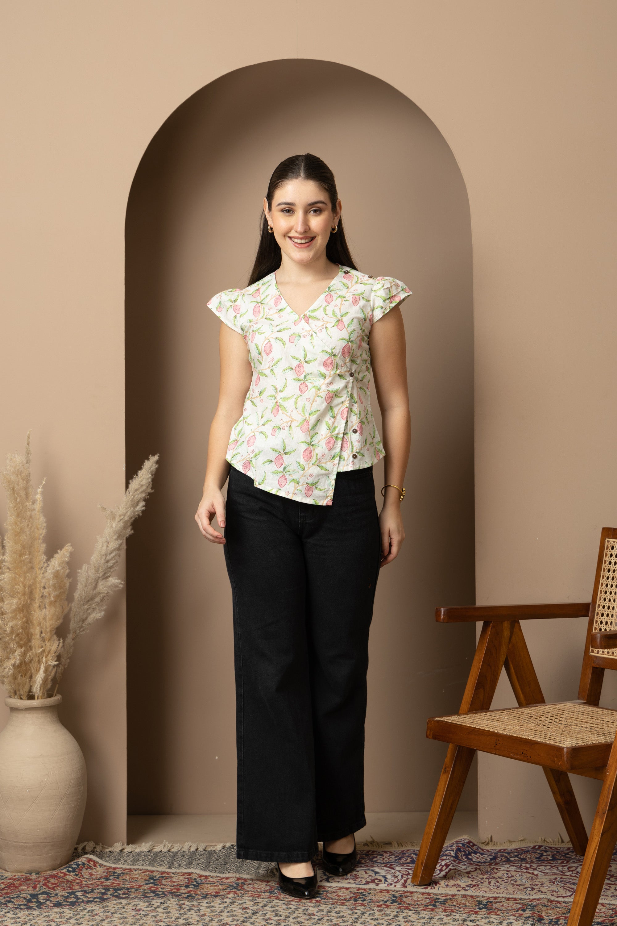 Women's White Floral Wrap Top