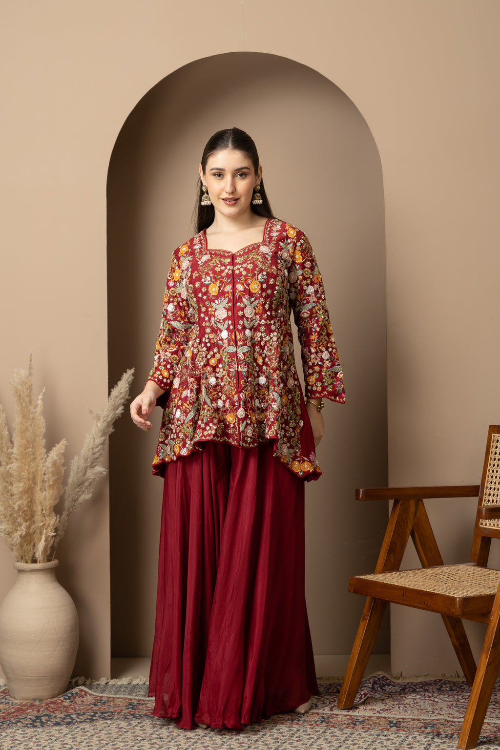 Women's Maroon Floral Printed Peplum Kurta with Sharara Set