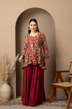 Women's Maroon Floral Printed Peplum Kurta with Sharara Set