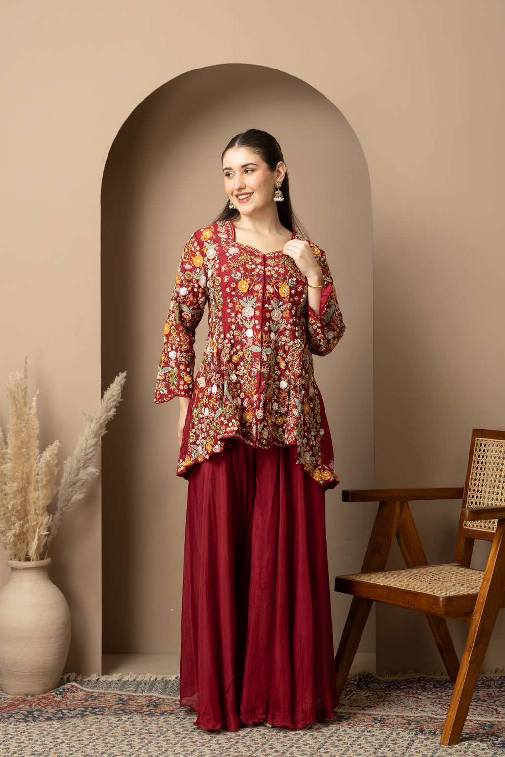 Women's Maroon Floral Printed Peplum Kurta with Sharara Set