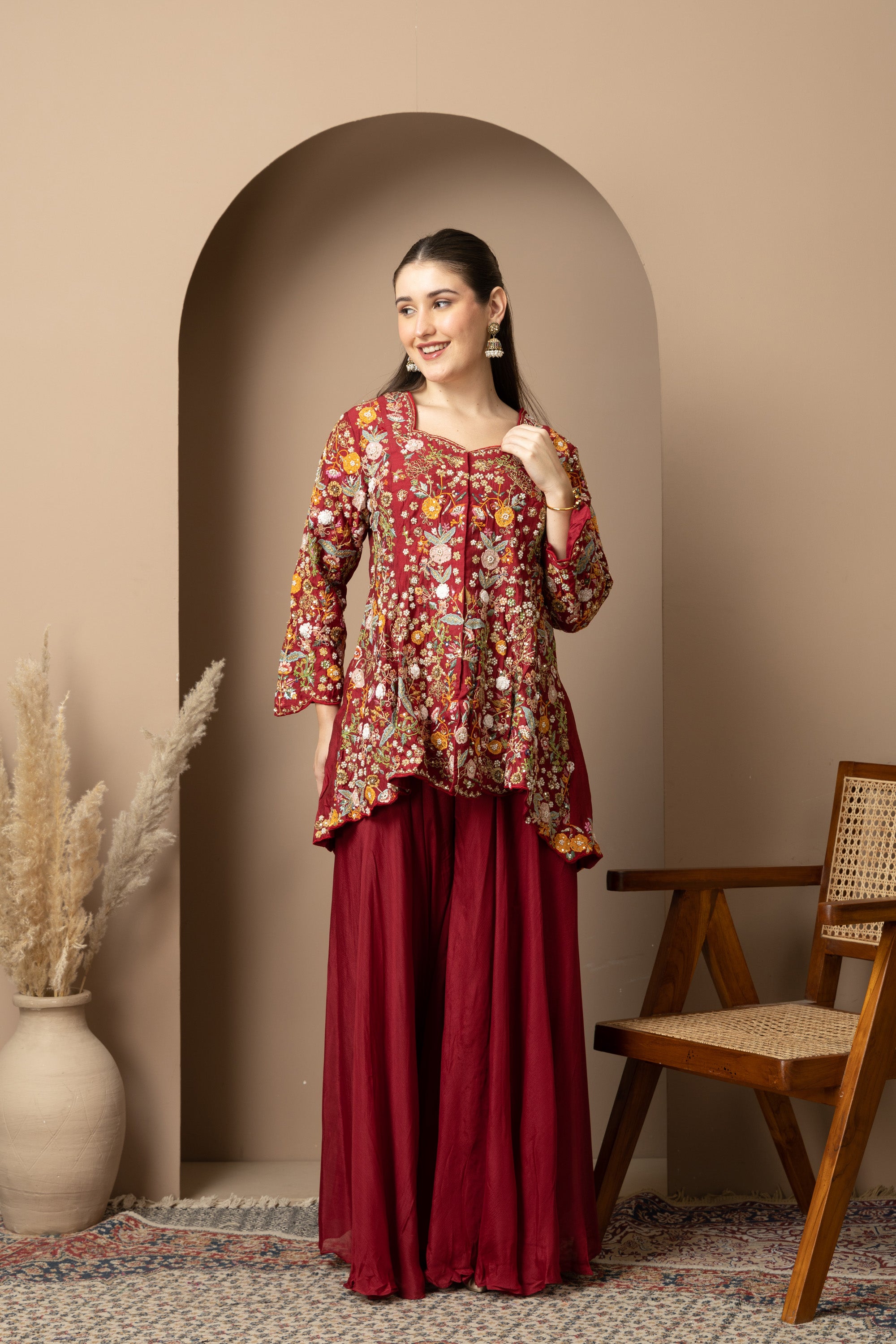 Women's Maroon Floral Printed Peplum Kurta with Sharara Set