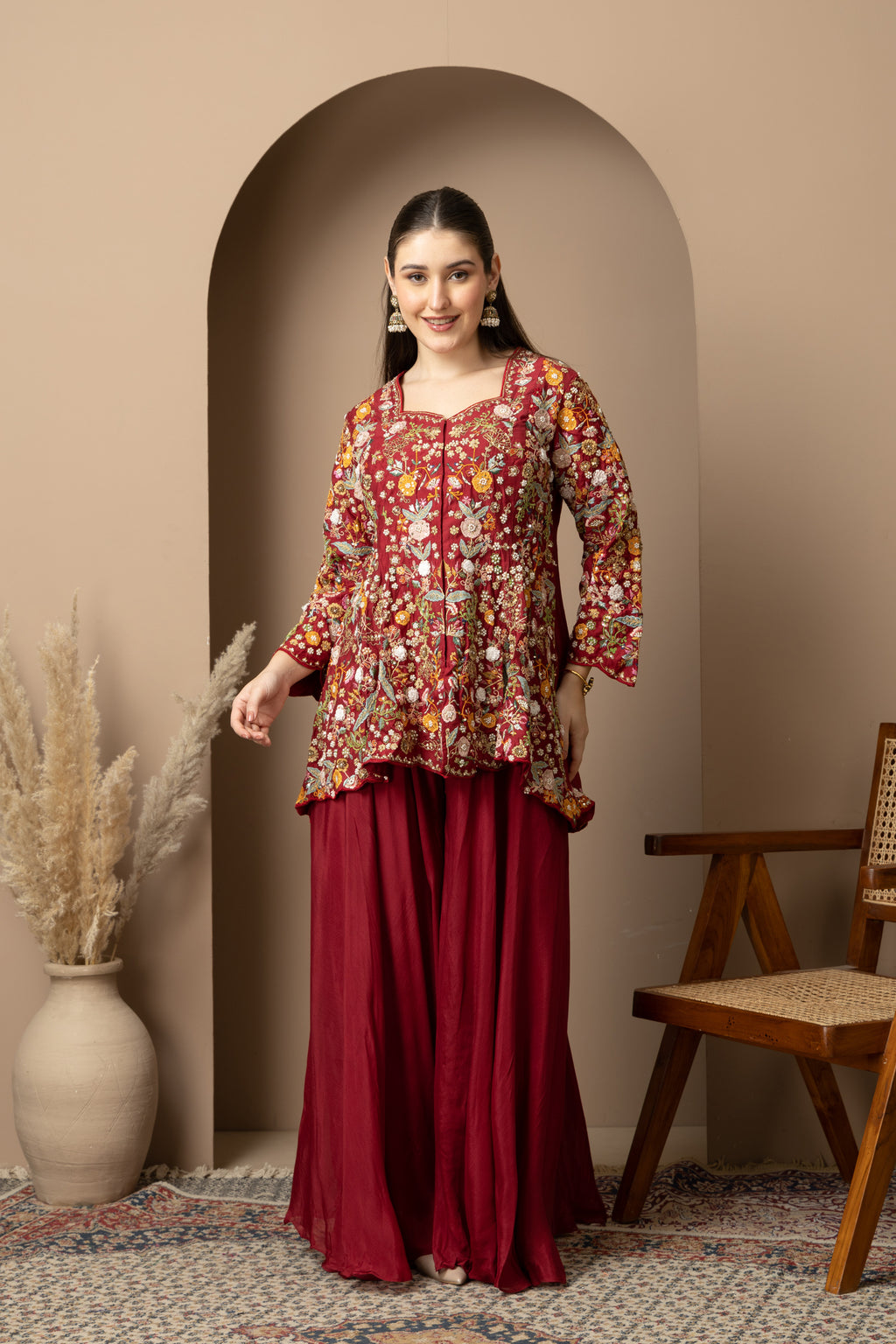 Women's Maroon Floral Printed Peplum Kurta with Sharara Set