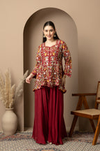Women's Maroon Floral Printed Peplum Kurta with Sharara Set