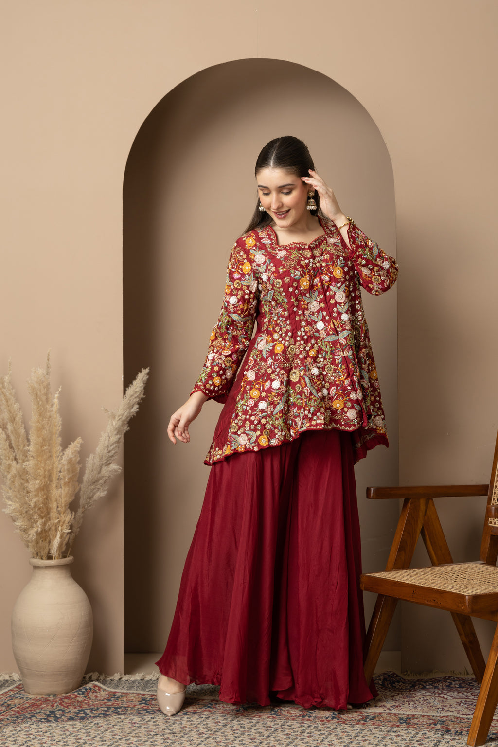 Women's Maroon Floral Printed Peplum Kurta with Sharara Set