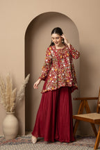 Women's Maroon Floral Printed Peplum Kurta with Sharara Set