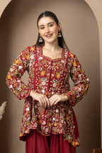Women's Maroon Floral Printed Peplum Kurta with Sharara Set